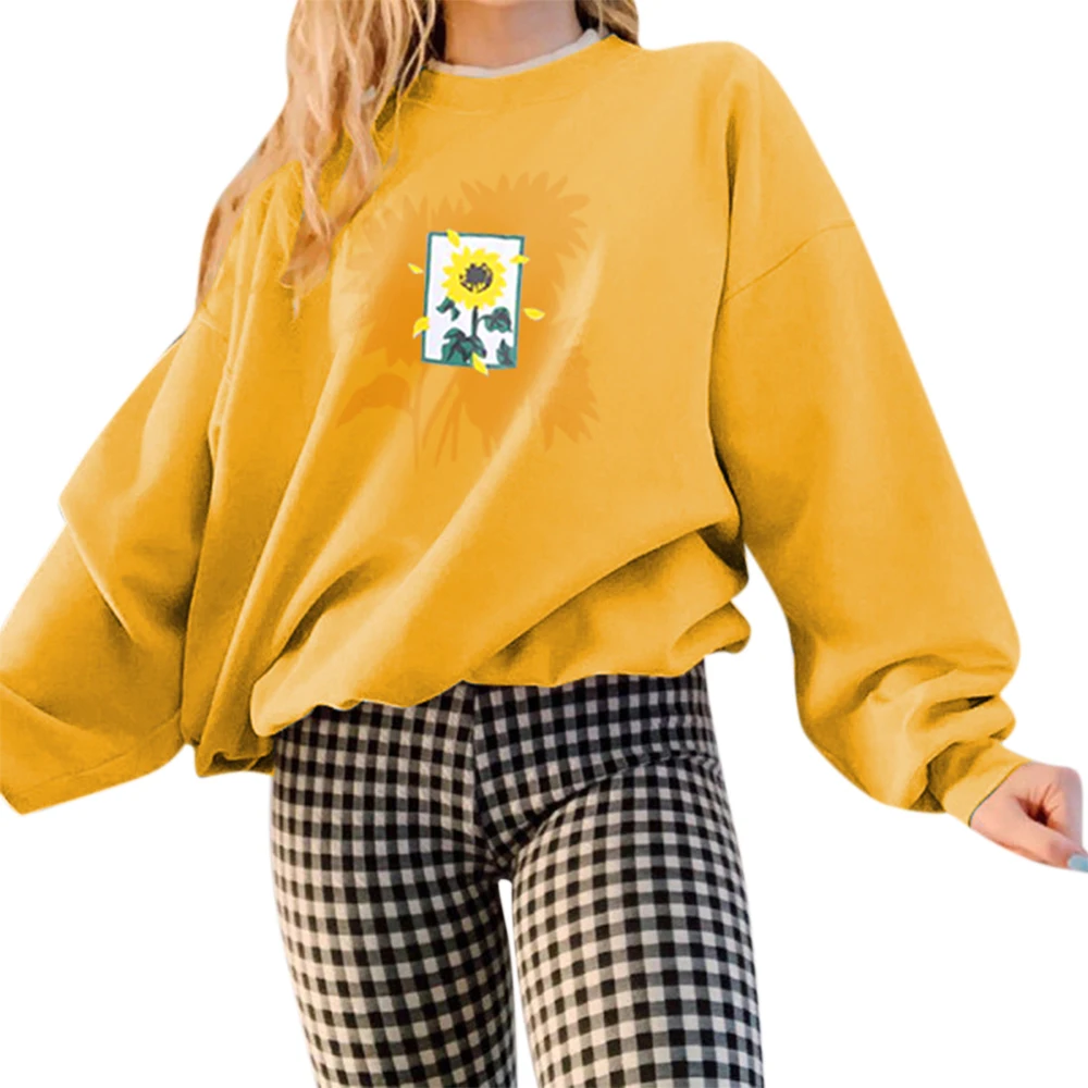 Sunflower Printed Women Pullovers Candy Color Long Sleeve Round Collar Clothes Tops Casual Girl Korean Style Sweetshirts