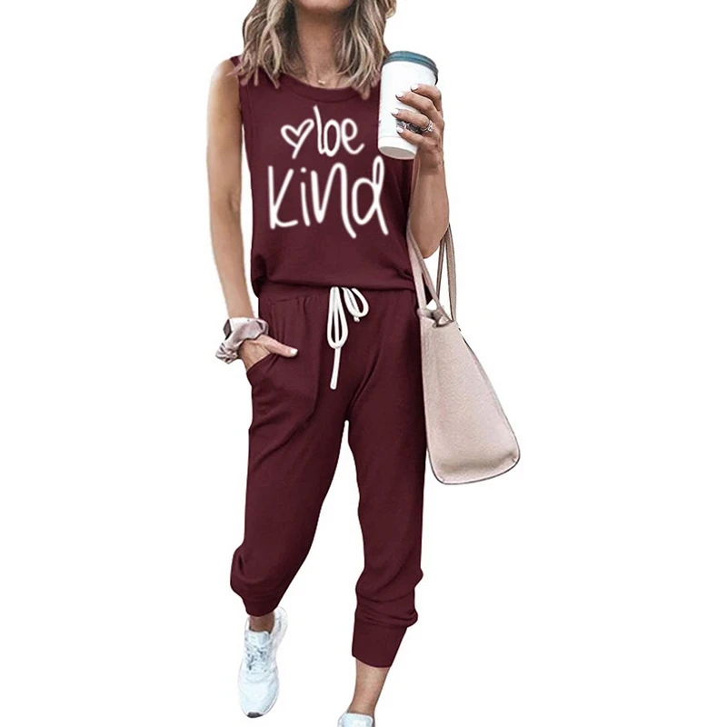 

Laamei Women Letter Print Set 2 Pieces Suit Sleeveless O-Neck Top And Loose Trousers Sports Casual Female Loose Fashion Outfits