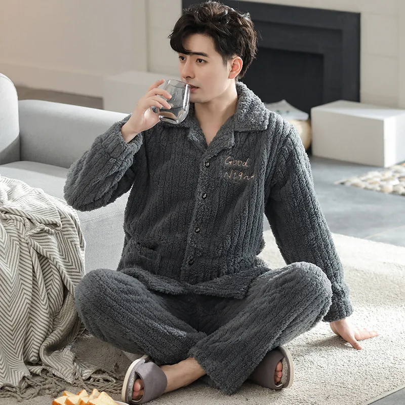 

Autumn Winter Thicken Flannel Pajamas Suit Long Sleeve Pyjamas 2PCS Simple Letter Print Sleepwear Plus Size Men Lounge Homewear