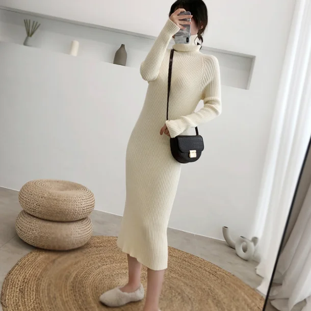 Женский осенне зимний свитер вязаные платья тонкая эластичная Водолазка с