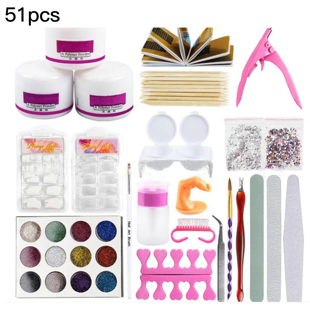 

51 Pcs/set Nail Art Kit Glitter Powder Nail Brush File Separator Scissors Manicure Tool Kit