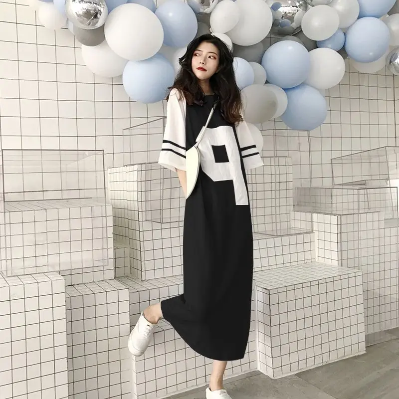 

Maxi Long T Shirt Dress Casual Loose Women Summer Dresses Half Sleeve Color Patchwork Letter Printed Vestidos Robe Femme
