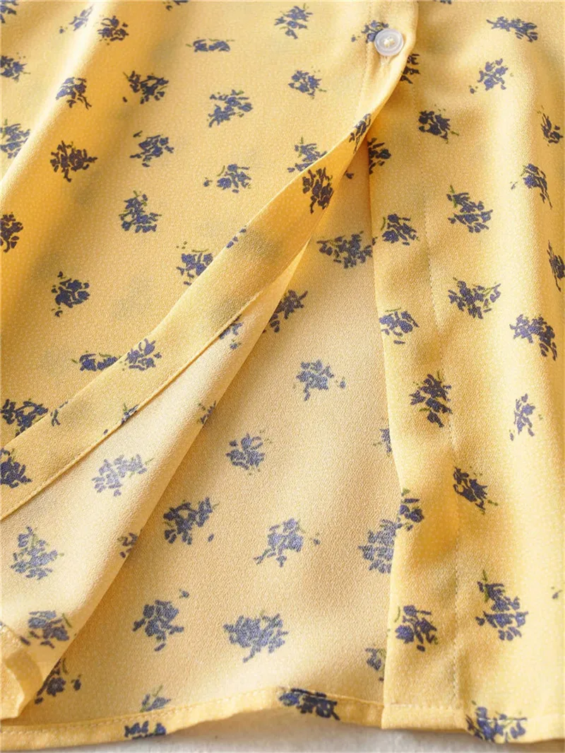 

French small blue floral V-neck high waist show thin rouje style dress long women 20 new summer