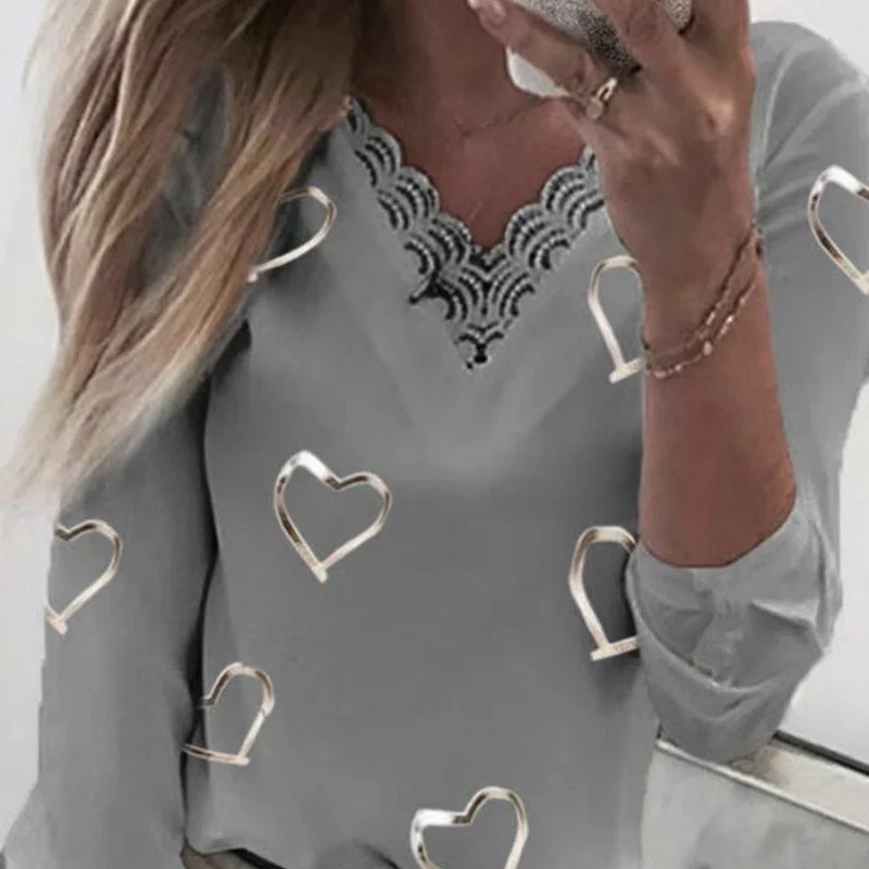 

t Shirt Woman Long Sleeve Spring Love Printed V-Neck Lace Patchwork Tee Shirt Fashion Plus Size Tops Casual Office Women's Tops