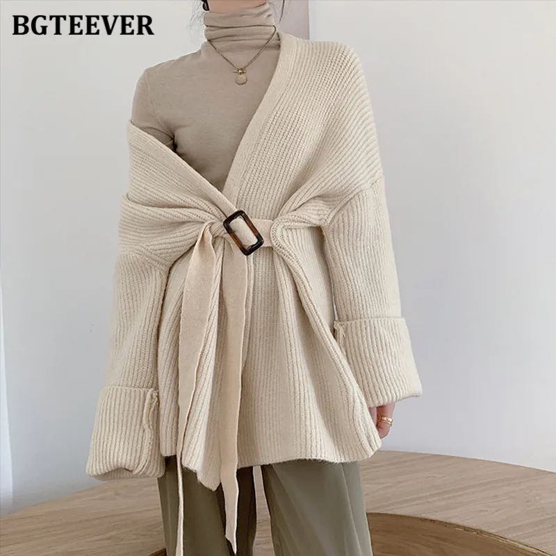 

BGTEEVER Autumn Winter V-neck Warm Loose Female Knitted Cardigans 2021 Vintage Full Sleeve Belted Women Solid Sweaters Tops