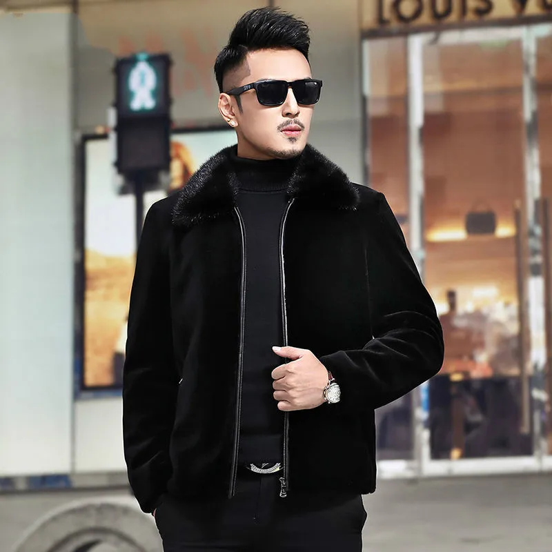 

2020 New Winter Men Real Fur Coat Male Mink Fur Collar Sheep Shearling Natural Wool Coats Man Genuine Leather Short Jacket Z61