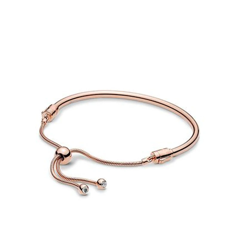 

2019 NEW 100% 925 Sterling Silver Rose Gold Flower Stem Slider Bangle Bracelet Fit Women Original Fashion DIY Charm Bead Jewelry
