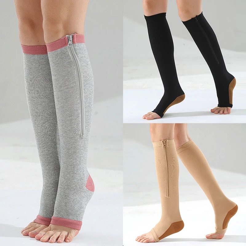 

New Compression Socks Men Women Support Knee Zipper Socks Female Open Toe Thin Anti-Fatigue Stretchy Sox High Socks Unisex