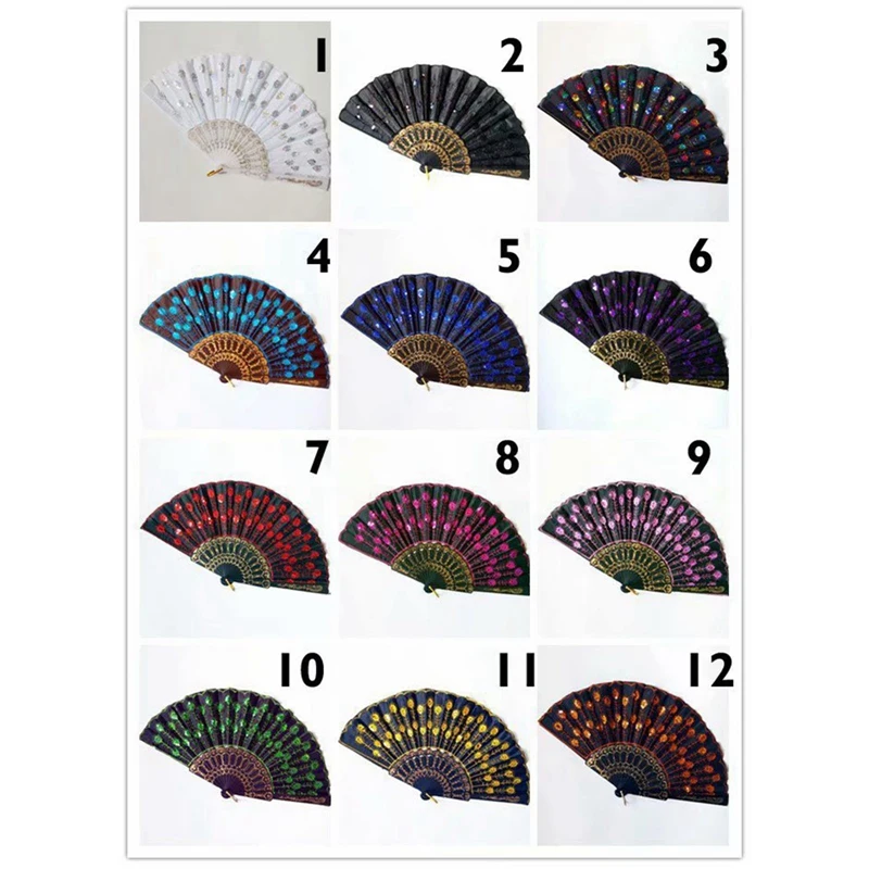 Silk Fan Folding Fan Wedding Art Gifts Peacock Sequin Dancing Fan Hand Held Fan