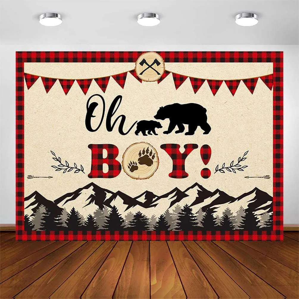 

Oh Boy Lumberjack Baby Shower Backdrop 7x5ft Baby Boy Buffalo Plaid Rustic Wilderness Bear Mountain Lumberjack Baby Decorations