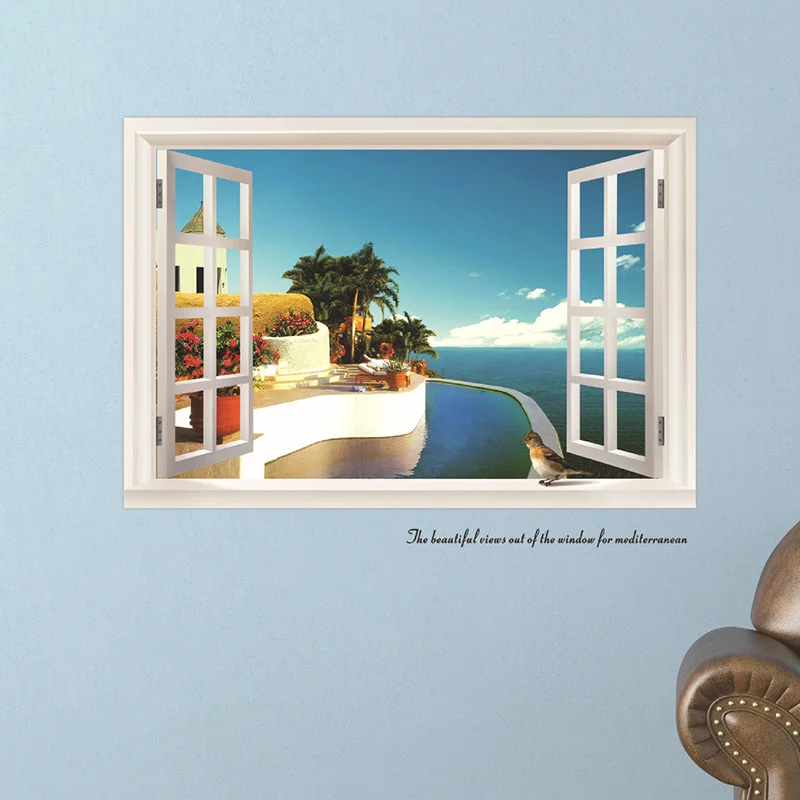 Creative Fake Window Paisagem Poster Stickers Vinyl Mediterranean Scenery Wall Decor Removable PVC Decal Mural Wallpaper | Дом и сад