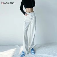 white jeans woman high waist 2021 new streetwear baggy mom jeans pocket washed casual fashion y2k pants vintage denim trousers