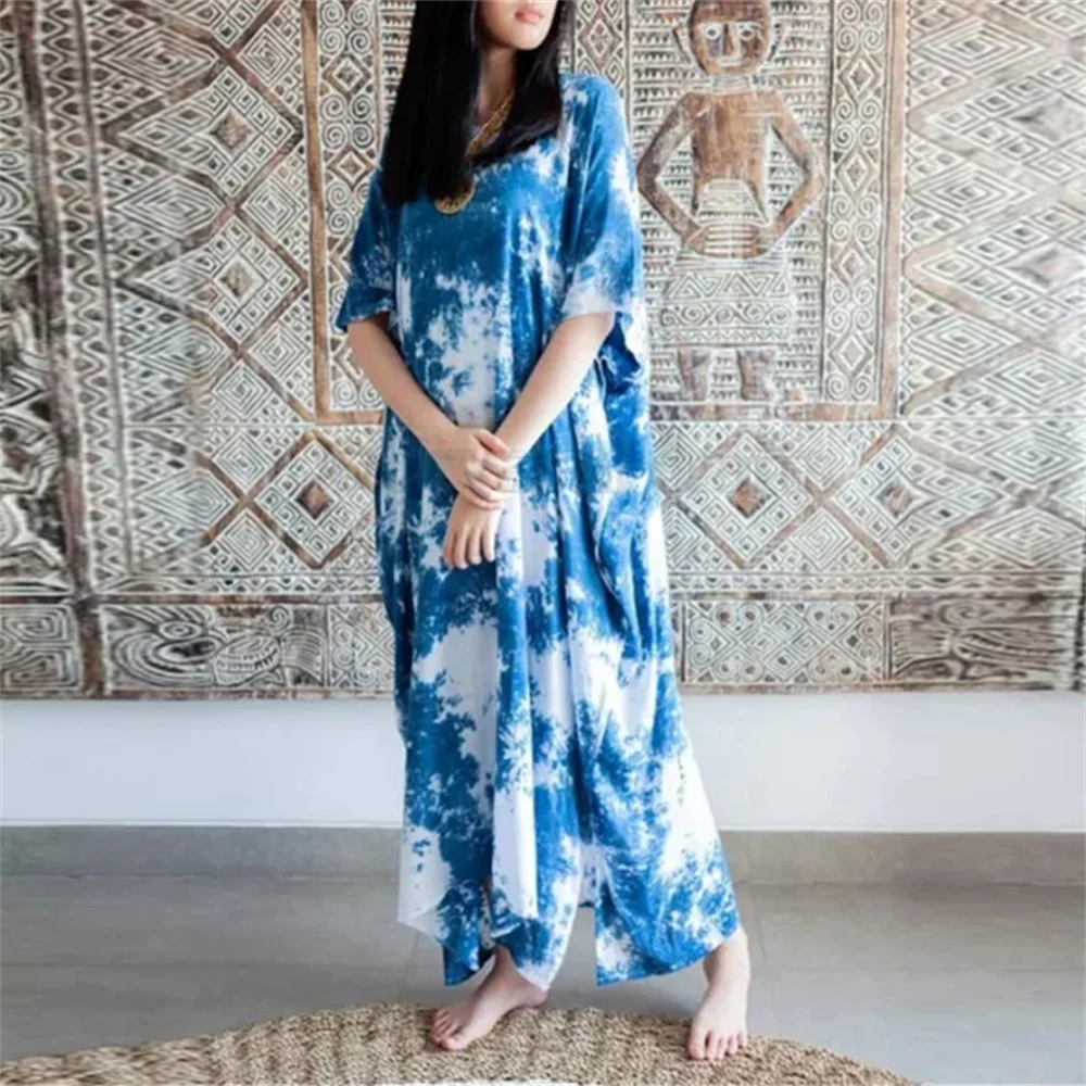 

2021 Kaftan Beach Tie Dye Print Swimsuit Cover Up Kimono Plage Beach Robe Femme Casual Loose Sarong Dress Beachwear Cover-Ups
