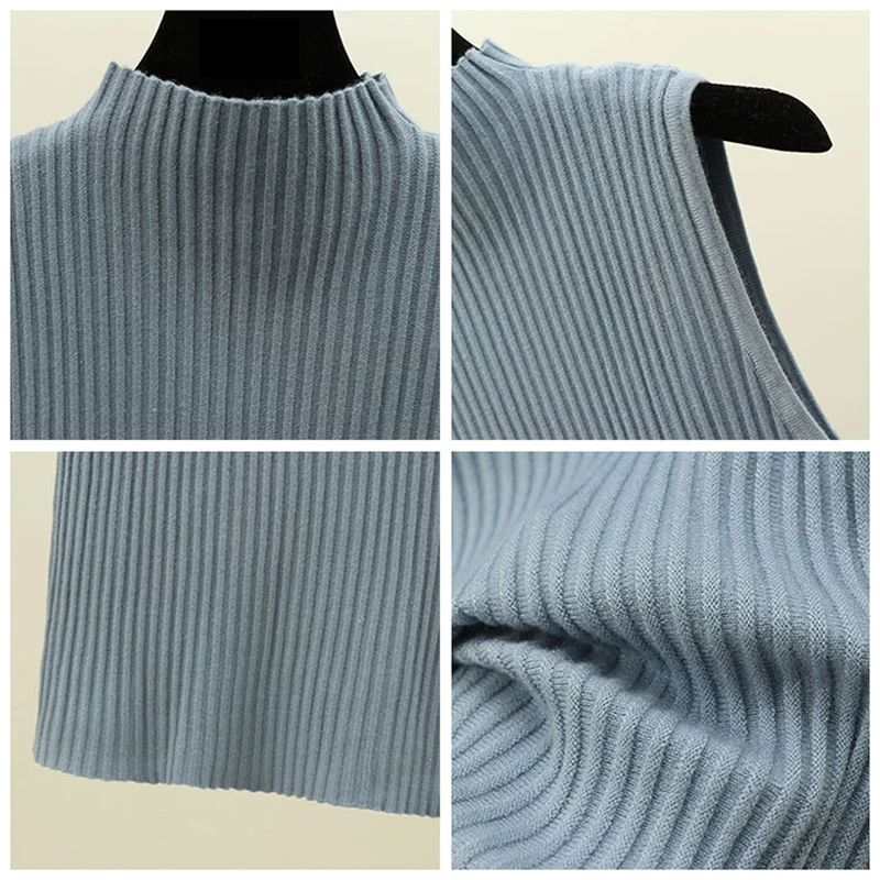 

2020 Spring Summer Knitted Top Tees Women Half-Turtleneck Sleeveless Thin Crop Tops Ladies Fitness Slim Tee Shirt Femme Knitwear