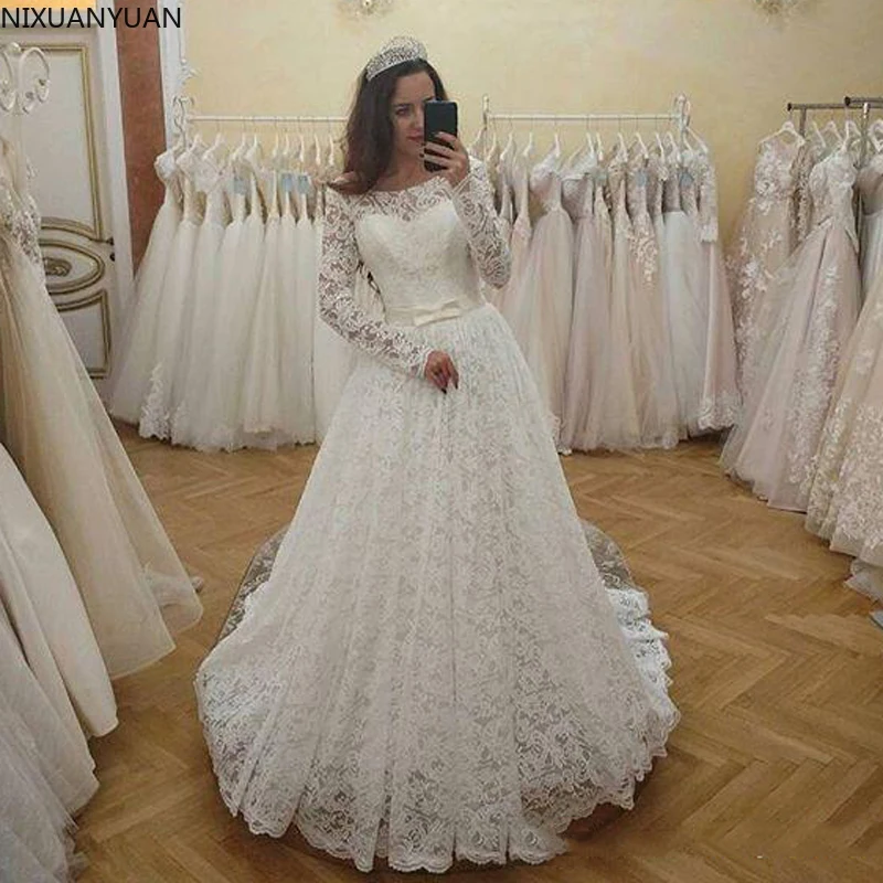 

Robe De Mariee Lace Wedding Dresses 2021 Long Sleeves A-Line Vintage Wedding Gowns Sexy Backless Women Bridal Dress