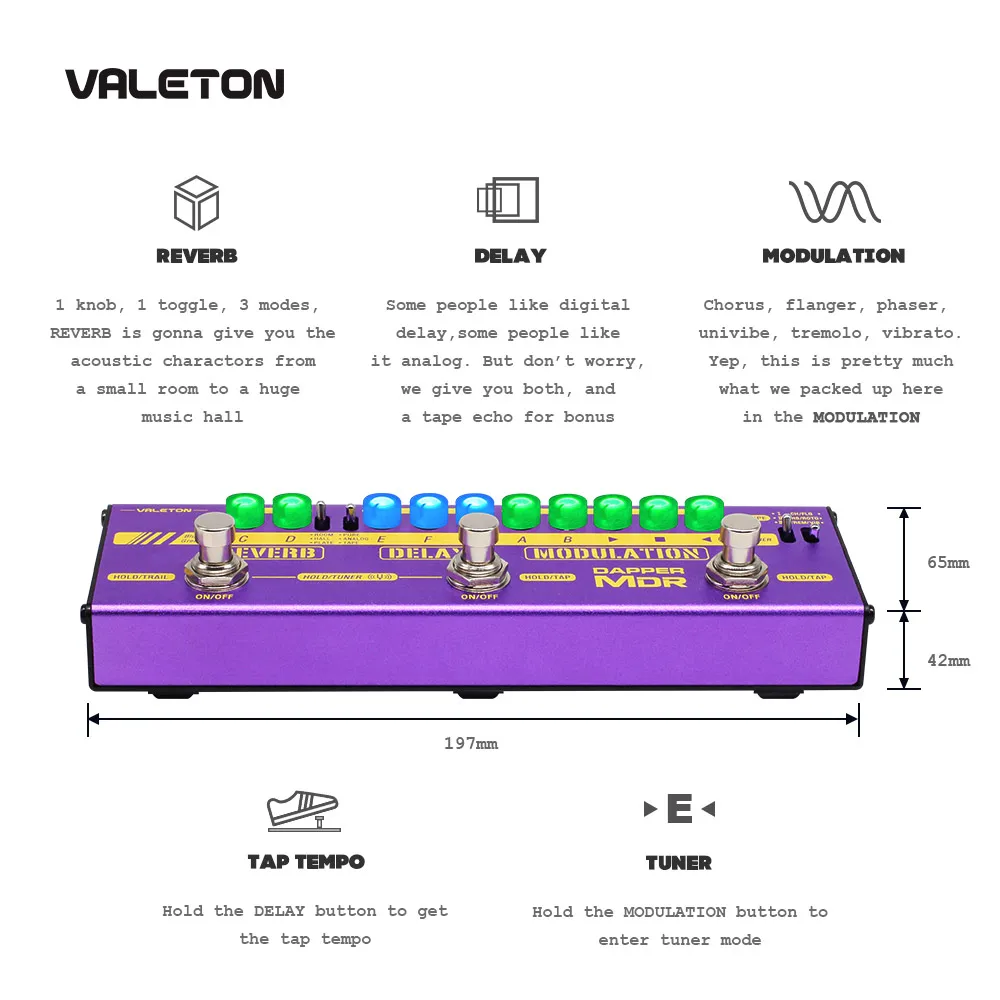 Valeton мульти эффекты гитары педаль Dapper MDR реверберации задержки хора Phaser Vibrato тремоло Flanger цифровой аналоговый ленты задержки