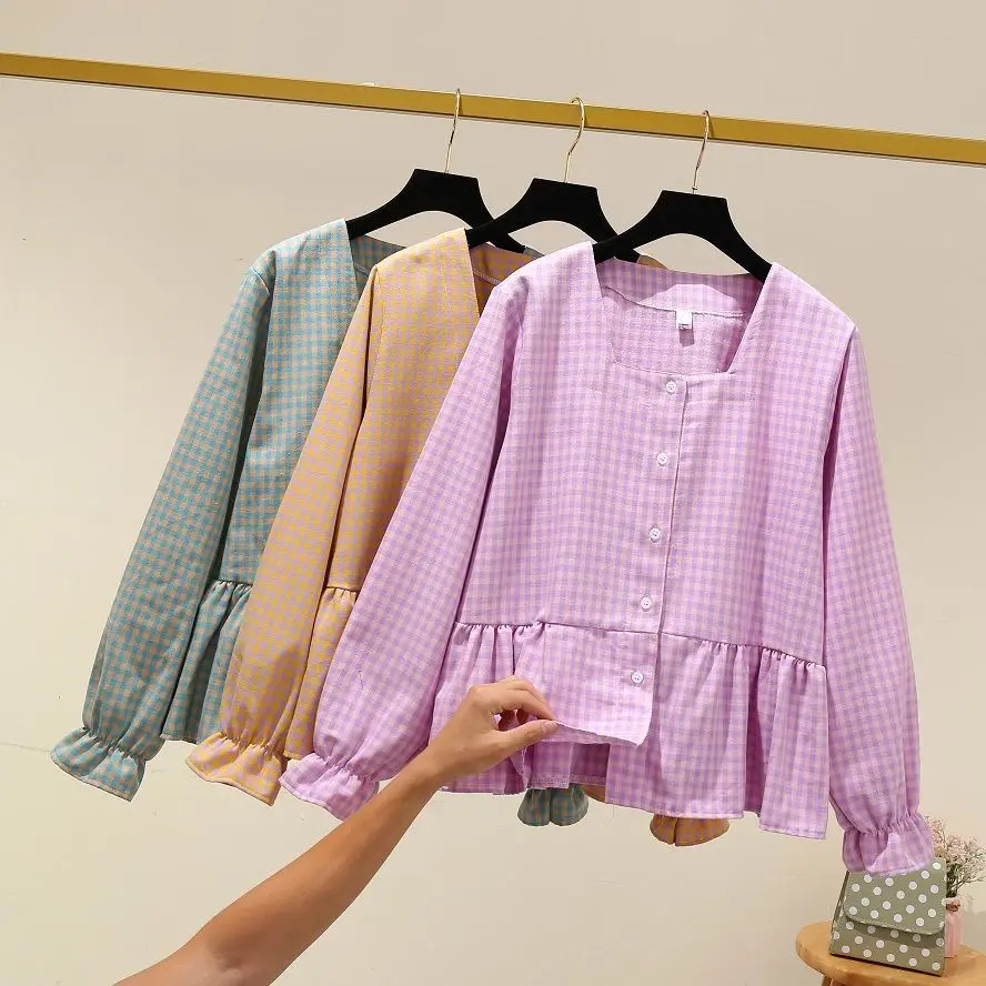 2021 женская обувь Сезон весна-осень Модные свободные рубашки в клетку женский с