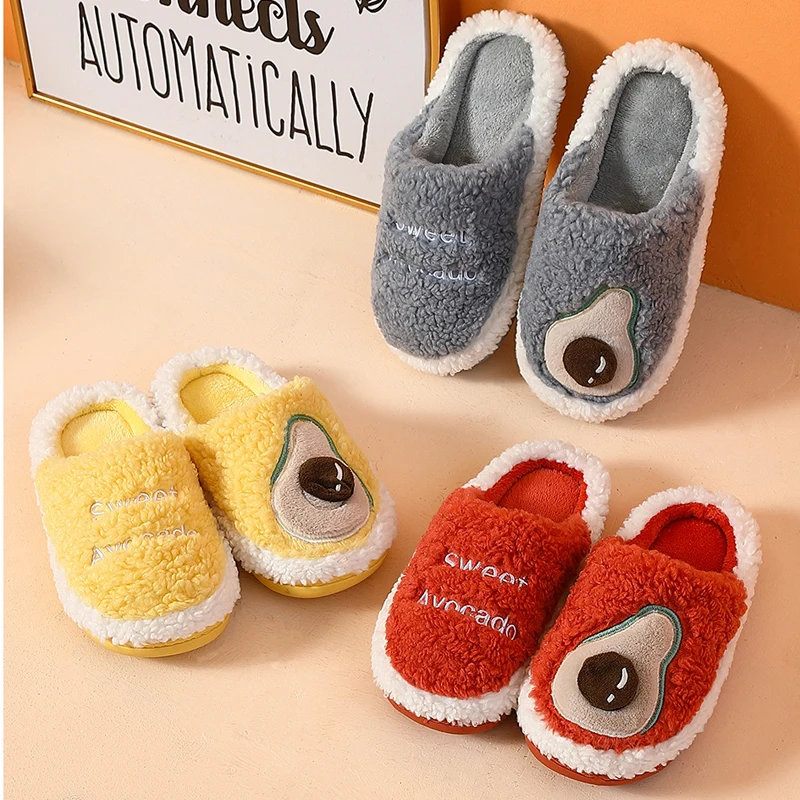 

Cotton Fuzzy Slippers Women Avocado Home Winter Warm Plush Indoor Ladies Slides Female Kawaii Furry Shoes Men Thick Bottom