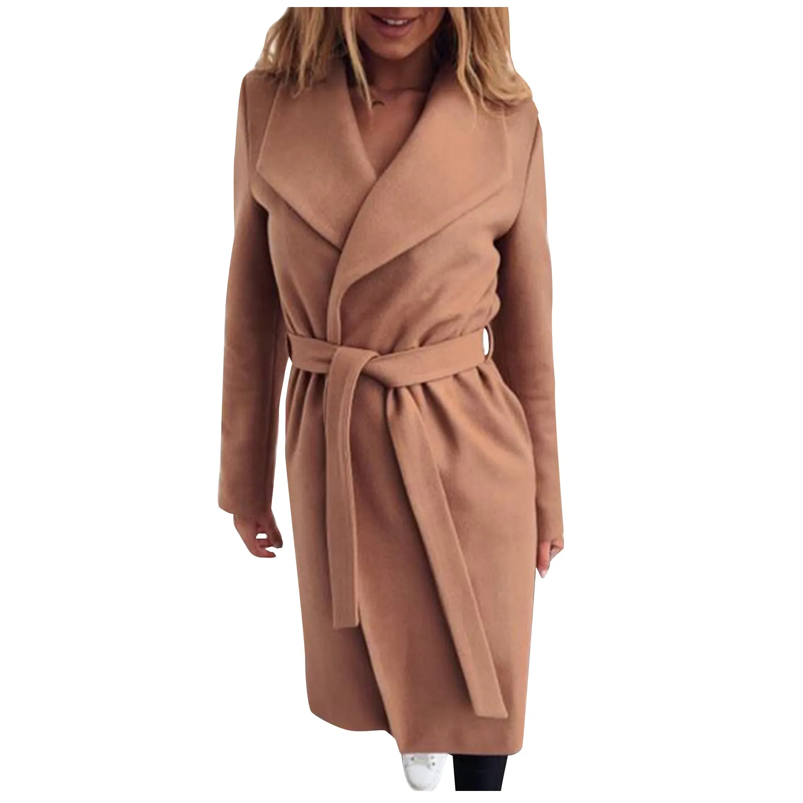 

Women Fashion Long Coat Woolen Pocket Cardigan Lace-up Fashion Retro Loose Atmosphere Simple Temperament Long Sleeve Jacket