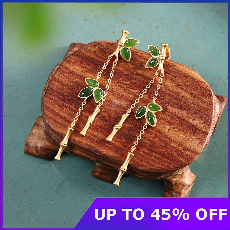 

S925 Silver Hetian Jasper Gold Plated Stud Earrings For Women Jade Bamboo Dangle Tassel Ethnic Vintage Earring Fine Jewelry Gift
