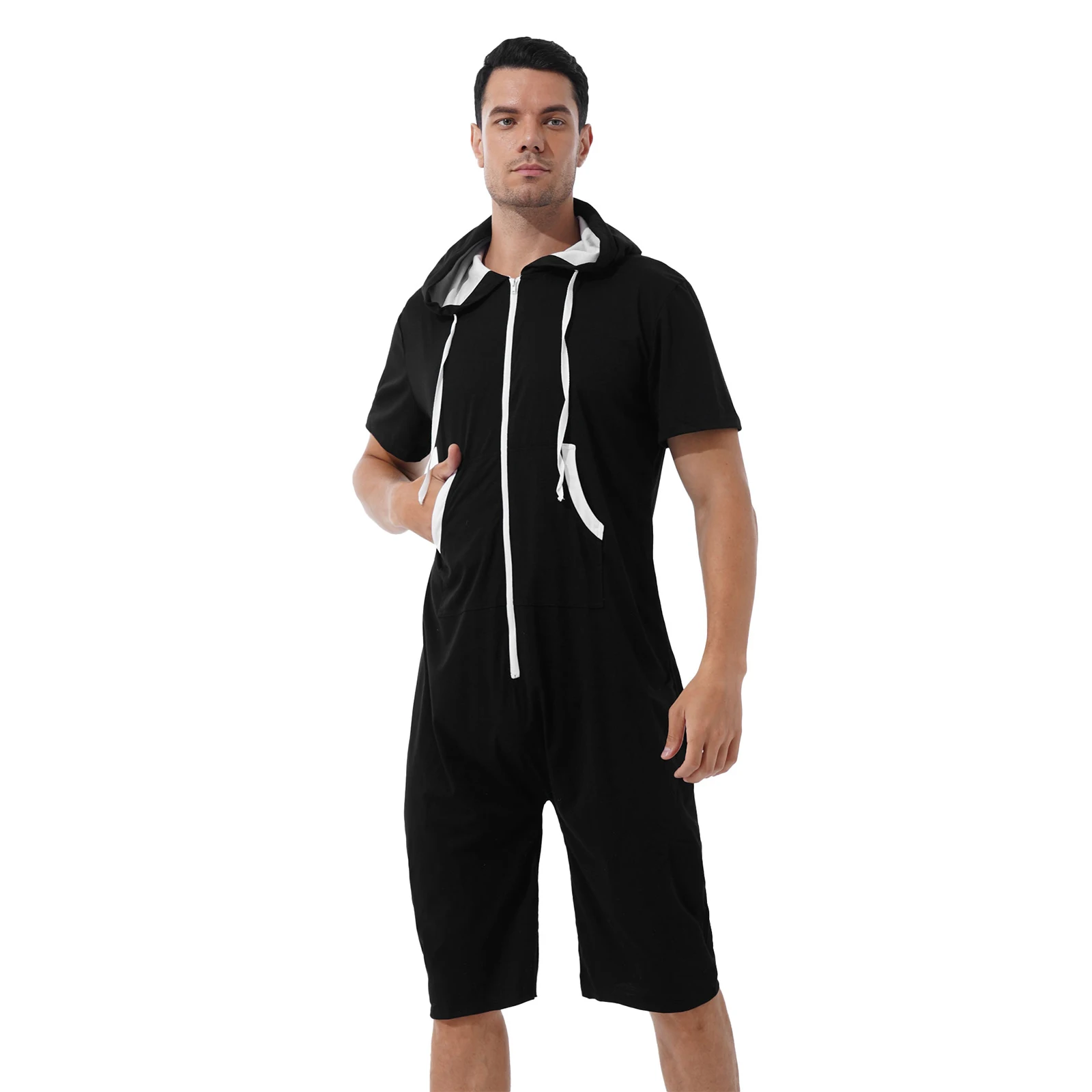 Mens Rompers Hooded Tracksuit Loungewear Casual Short Sleeve Zipper One Piece Jumpsuit Pajamas Sleepwear