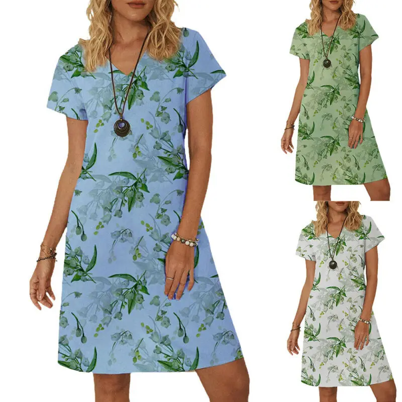 

VICABO Womens Dress V Neck Summer Woman Clothes Short Sleeve Casual Mini Dress Floral Ladies Sundress Dresses for Women