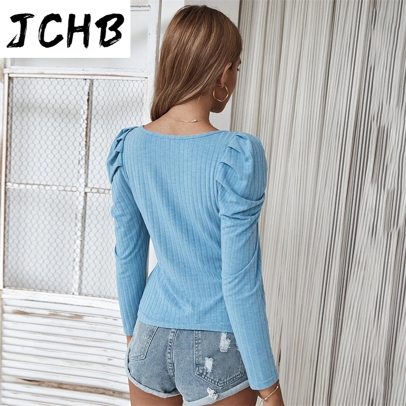 

Long Women Puff Sleeve Tops Casual Square Collar Solid Fashion T-shirt Autumn Rib Knitted Thin Tops Ladies Slim Pullover TShirts