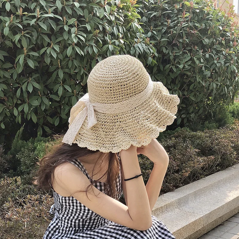 

Korean Crochet bow straw hat foldable Big Brim seaside holiday lace bow sun hat