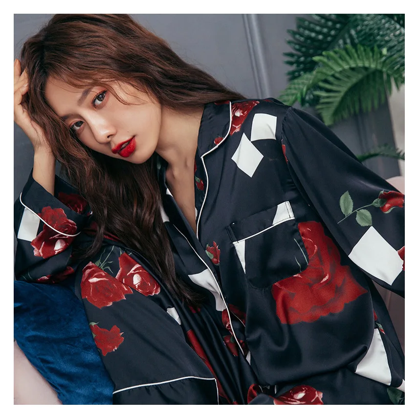 

Pyjamas Set Women Autumn Rose Printed Home Wear Sleepwear Pyjama Femme Sexy Lingerie Satin Nightwear Suit Pajamas 2 Pieces