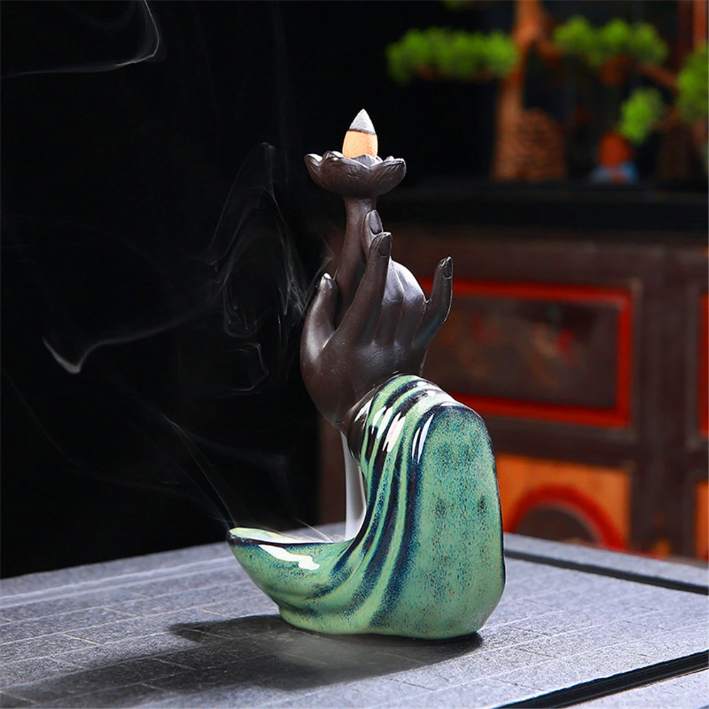 Ceramic Blackflow Incense Burner with 20pcs Incenses Bergamot Lotus Creative Wealth Ornaments Home Office Decoration | Дом и сад