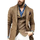 Мужской деловой костюм цвета хаки, приталенный твидовый пиджак с вырезом в елочку и отложным воротником, модель смокинг, костюмы жениха для мужчин, свадьба, 2 предмета, пиджак и жилет