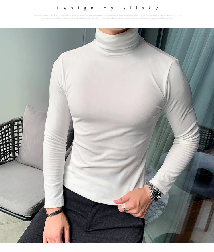 Азиатский размер Slim Fit стрейч бархат водолазка Мужская футболка с длинным рукавом осенние вечерние Нежные мужские