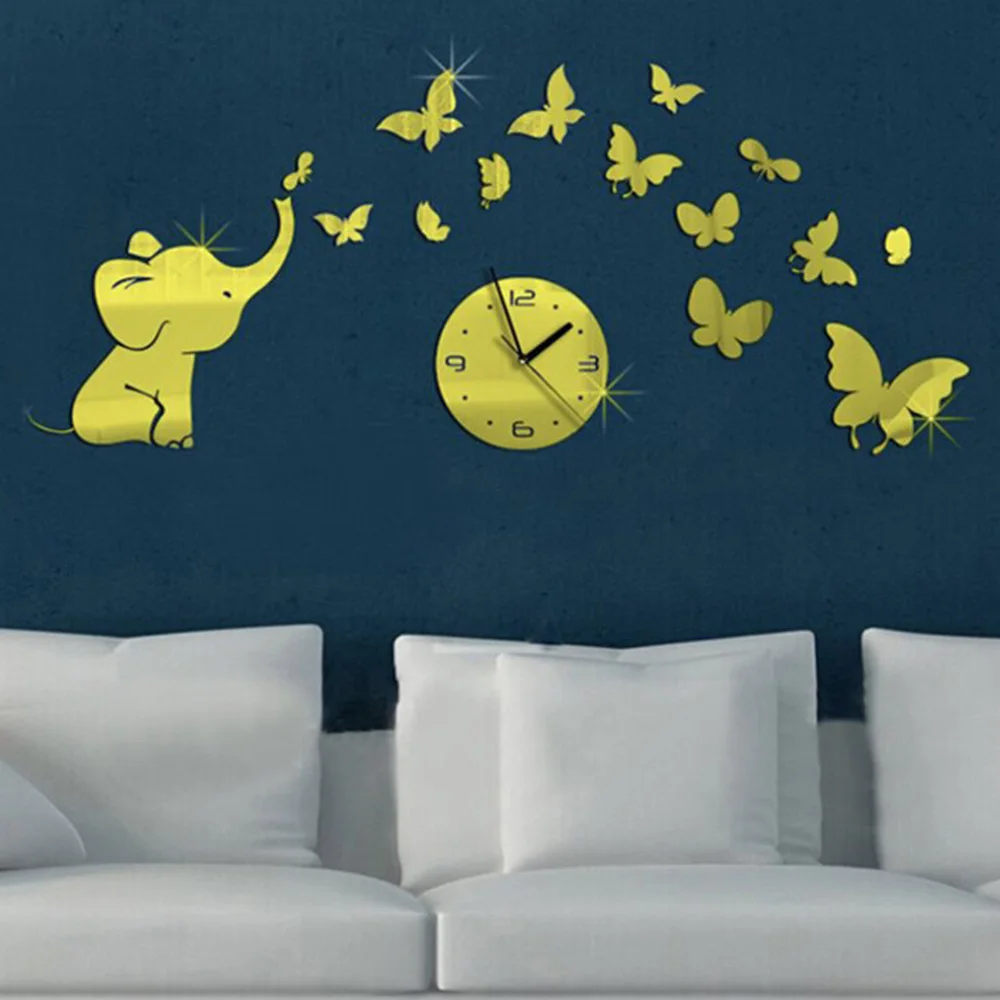 3D Wall Stickers Waterproof Butterfly Elephant Petals Pattern Sticker DIY Mirror Children Bedroom Decals Romantic clock | Дом и сад