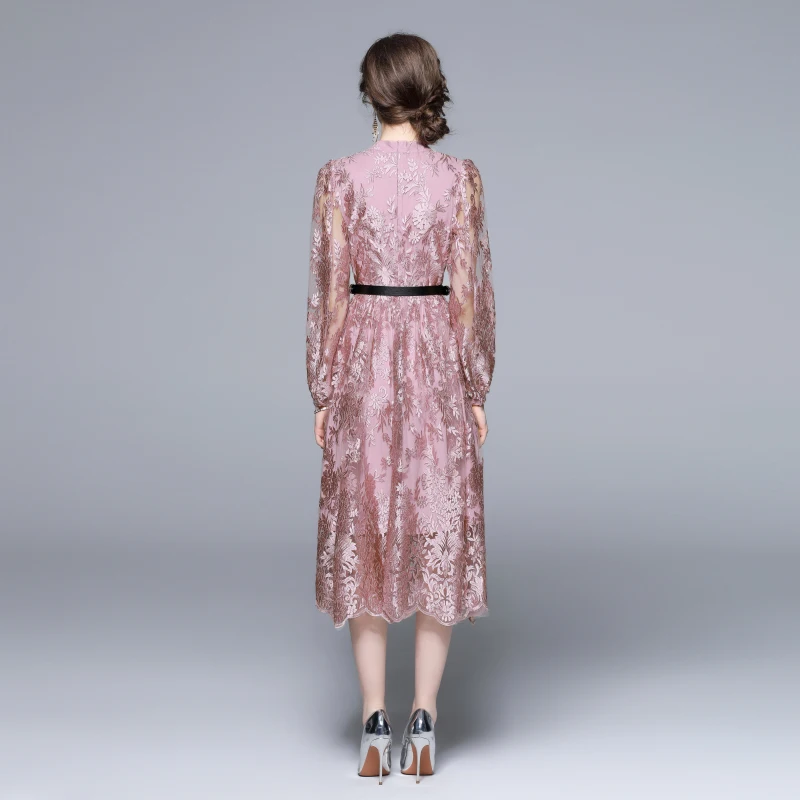 Платье SMTHMA из новой коллекции модной одежды с вышивкой на сетке для женщин с воротником стойкой, рукавами "летучая мышь", высокой талией и поясом на средней длине.