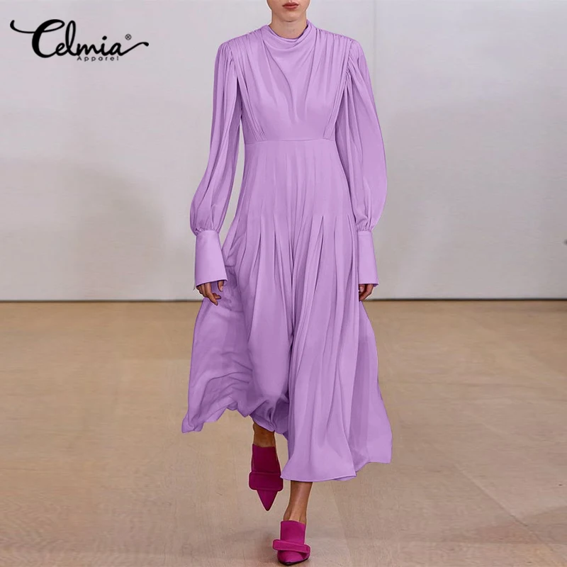 

Элегантные женские платья с длинными рукавами-фонариками Celmia, осенние платья-миди с воротником-стойкой, праздничные плиссированные одното...