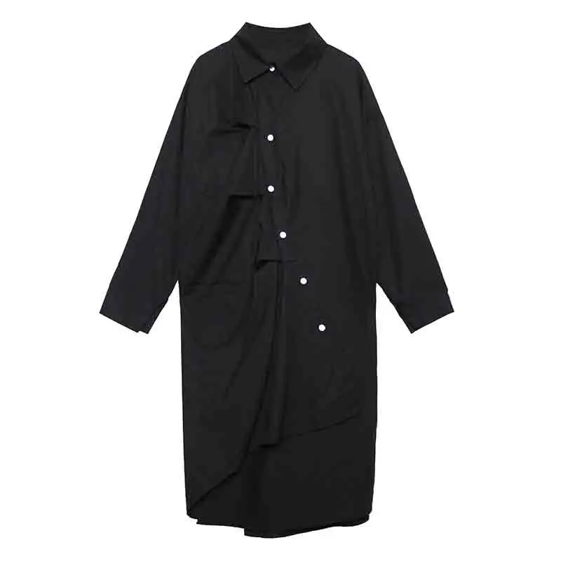 

Johnature Streetwear Fashion Solid Color Shirt Dresses Women 2021 Spring New Turn-down Collar Irregular Single-breasted Dress