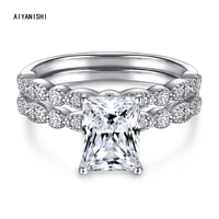 aiyanishi luxury real 925 sterling silver rectangle cut wedding ring set for women engagement band ring sets jewelry party gifts