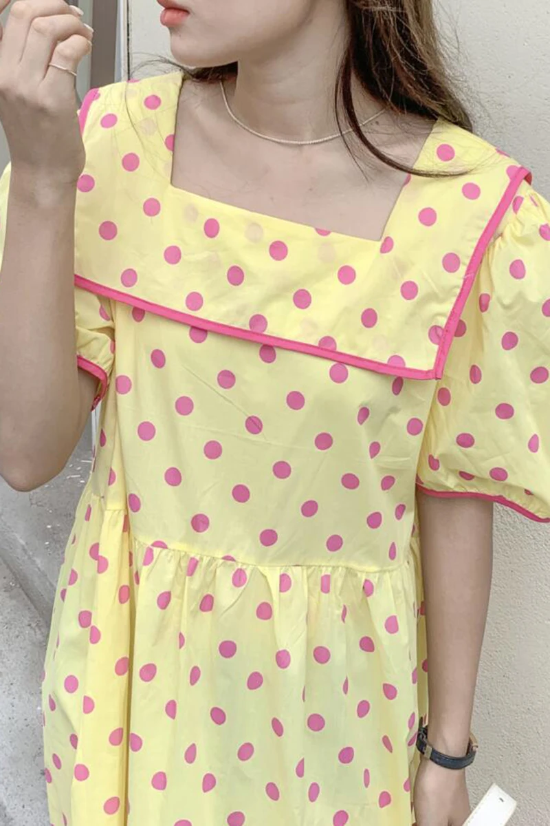 

Korejpaa Girl Dress 2021 Summer Korean Fashion Wave Dot Print Square Collar Small Shawl Hit Color Design Loose Wood Ear Vestidos
