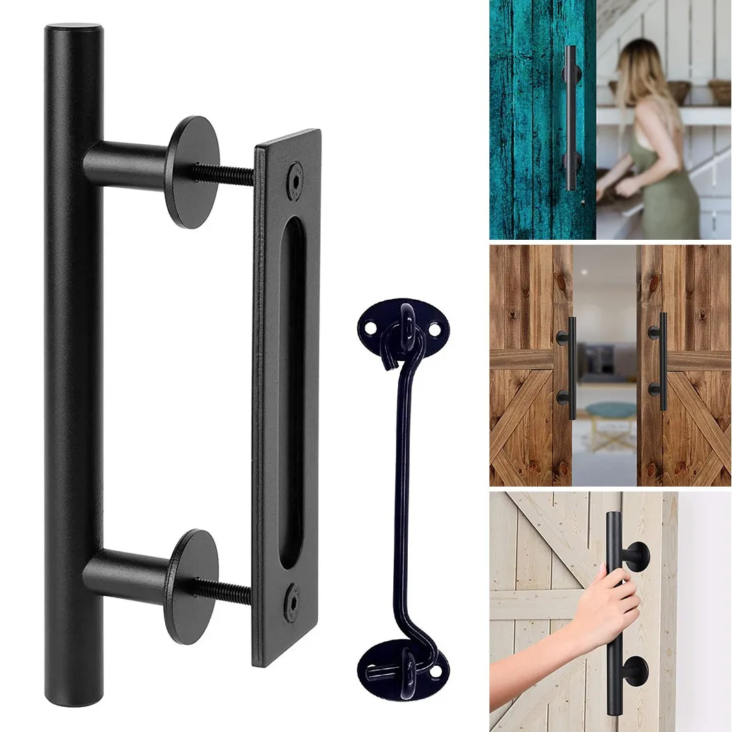 

12 In Sliding Barn Door Pull Flush Handle Gate Hardware Set Iron Black With Lock Furniture Hardware Accessories