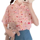 Рубашка женская с коротким рукавом и принтом клубники, милый топ в стиле JK, Повседневная Блузка на пуговицах для школьниц, на лето