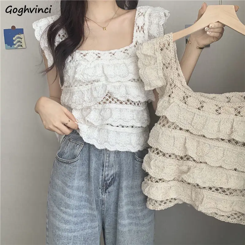 

Tanks Women Summer New Chic Solid Elegant Sweet Simple Fashion Hollow Out All-match Sexy Design Tender Female Daily Ulzzang Soft