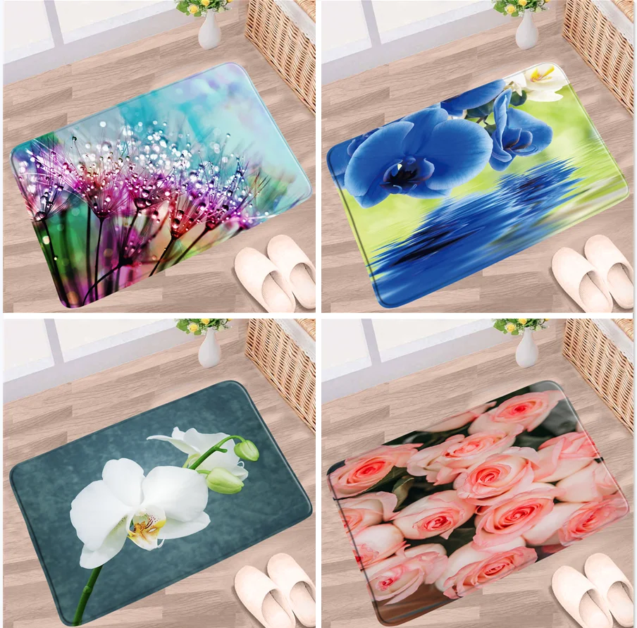 

Flowers Bathroom Mat Color Dandelion Butterfly Orchid Red Rose Floral Plants Non-slip Rugs Toilet Kitchen Entrance Aisle Carpets
