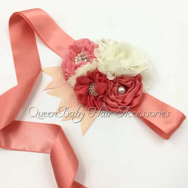Coral Винтажный пояс для беременных, реквизит для фотосъемки, ретро пояс со стразами, пояс для женщин с цветочным узором, пояс для свадебного платья - Цвет: Coral