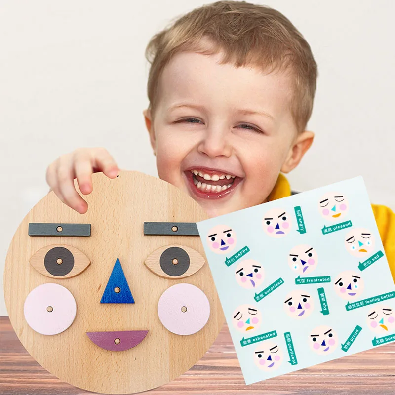 

Children's Wooden Face Changing Expression Panel Emotion Cognition Blocks Toy Montessori Educational Mood Learning Kids Gift