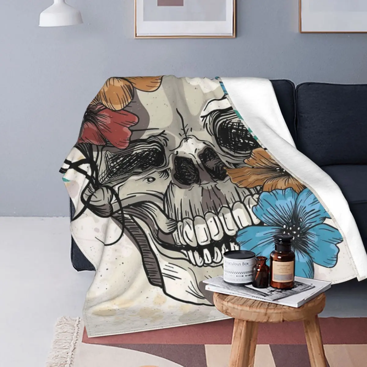 

Skull Flower Blanket, Plaid Bed Coverlet, Couch Quilts, Picnic Blanket in Bed