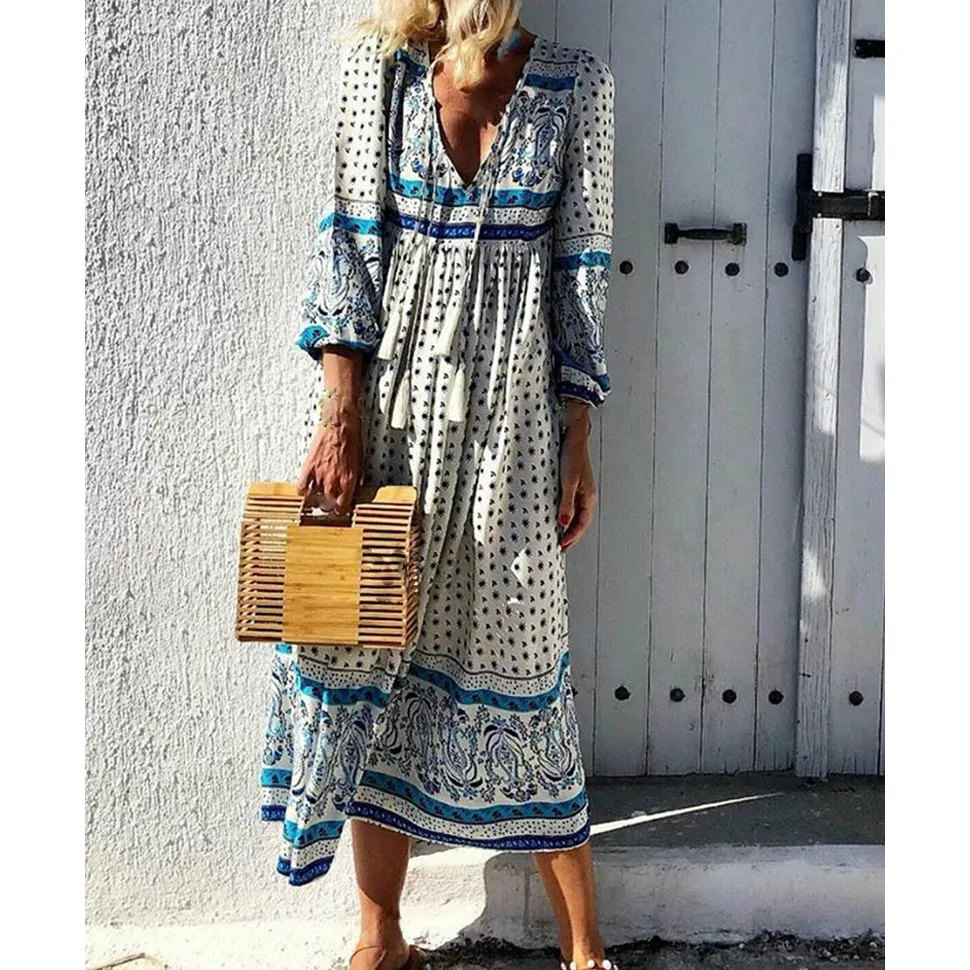 Летнее сексуальное платье средней длины с v-образным вырезом и длинным рукавом