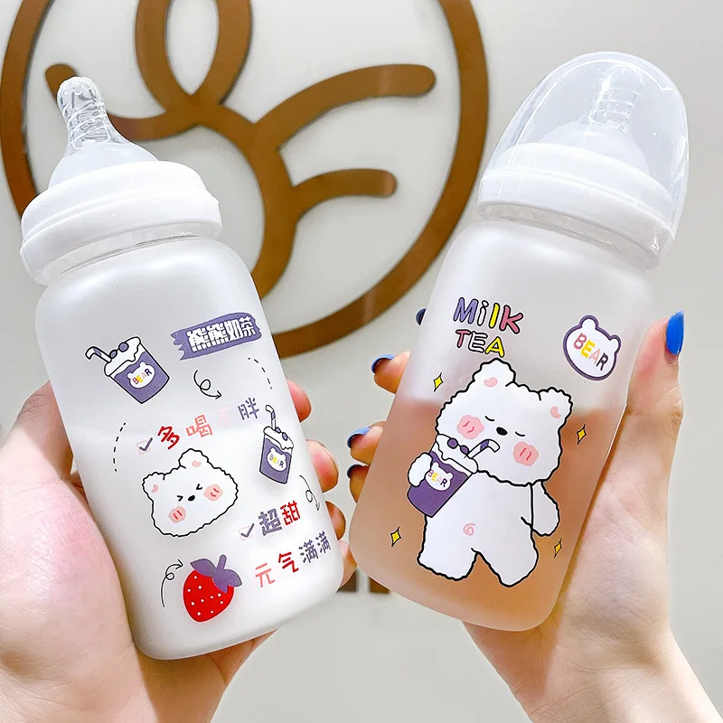 

Cute Bear Cartoon Kawaii Pacifier Glass Water Bottle Korean Version Of Super Cute Baby Bottle Water Cup Female Student Straw Cup