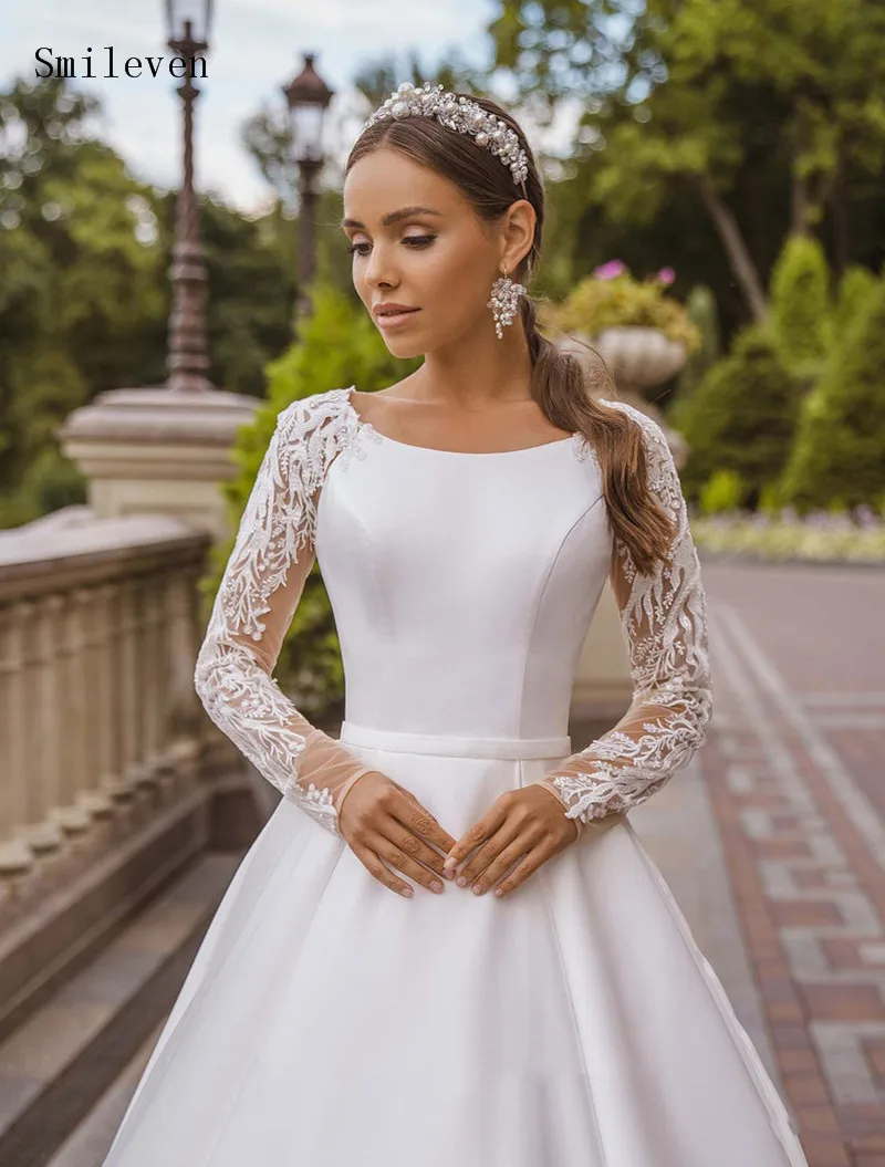 Атласное свадебное платье Smileven ТРАПЕЦИЕВИДНОЕ кружевное принцессы с длинным