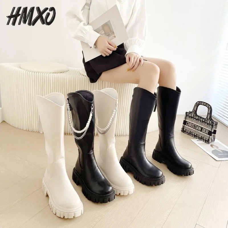 

HMXO Thick-soled Martin Boots with Pearl Chain Chelsea Boots Round Toe Increased British Style Women's Boots Knight Boots