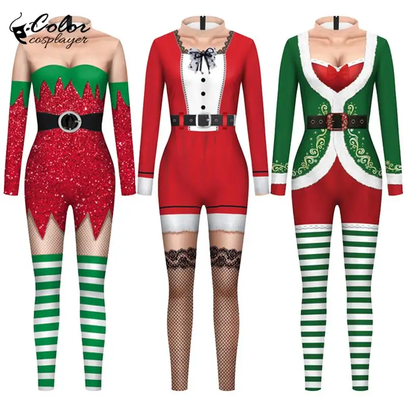 

Color Cosplayer Xmas 3D Print Women Bodysuit Adults Christmas Onesie Outfits Cosplay Costume Christmas Fancy Party Jumpsuit